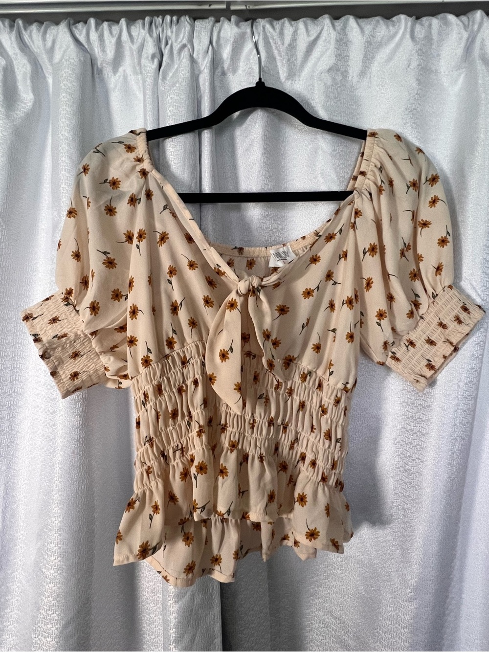 Tie-Neck Smocked Peplum Top - Cream with Yellow Floral